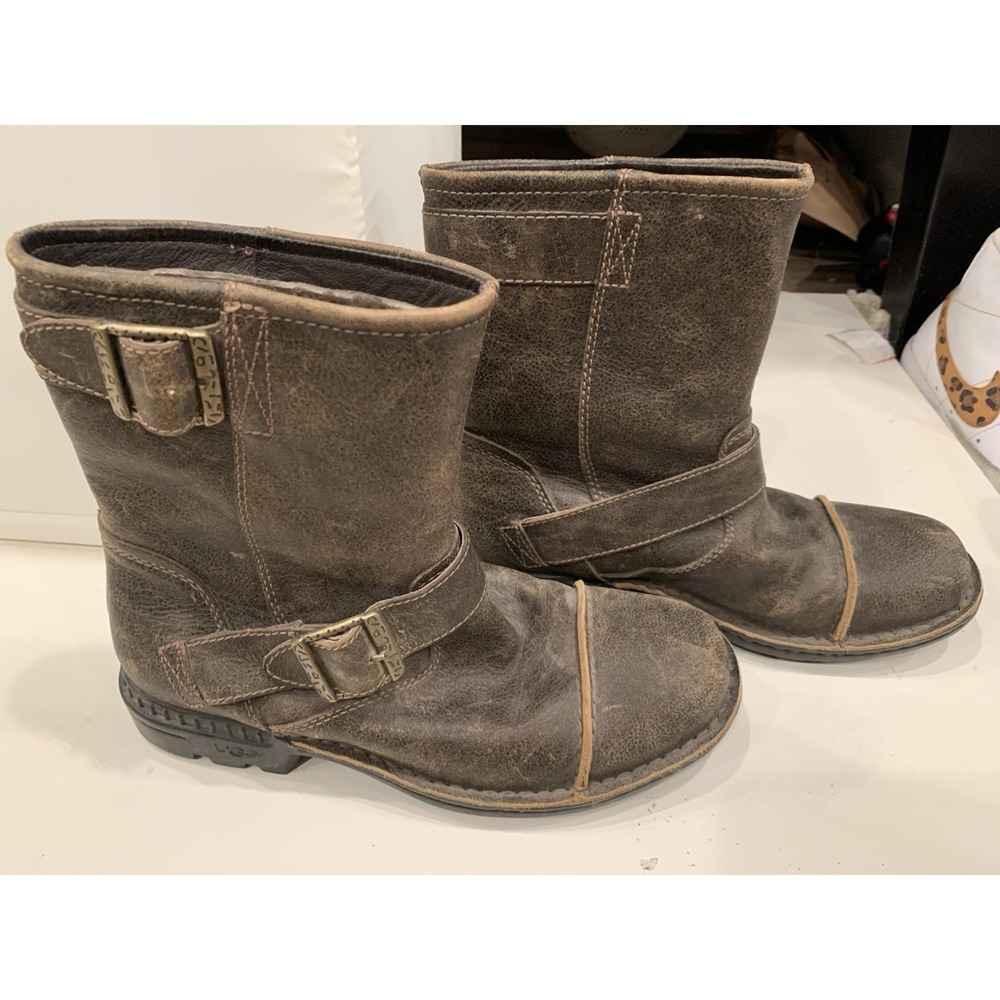UGG Australia Kensington Moto Boots Distressed Leather Shearling Biker Brown - Picture 6 of 9